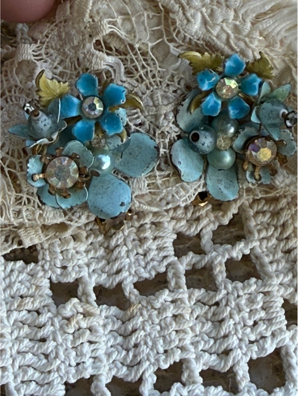Vintage blue enamel flower cluster clip on earrings